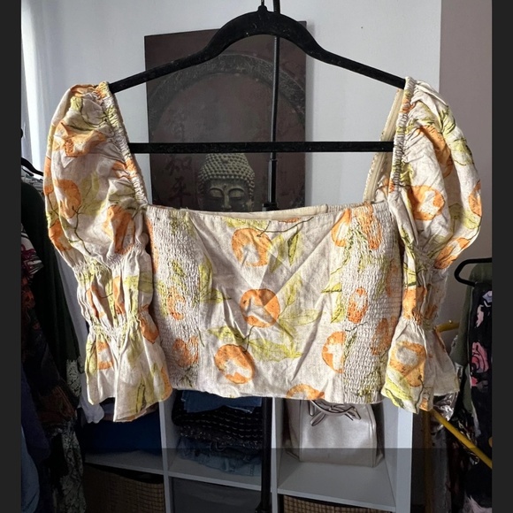 Urban Outfitters Orange Floral Puff Sleeve Crop Top - Picture 2 of 5